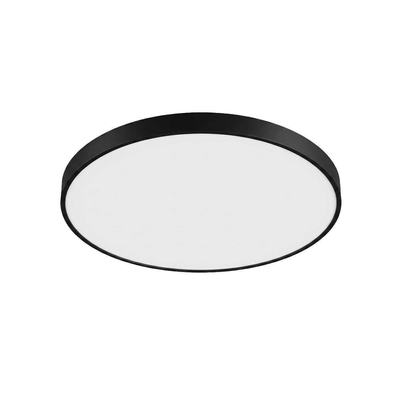 Halo : plafond lumineux rond à toile tendue, cadre aluminium noir, vu de dessous