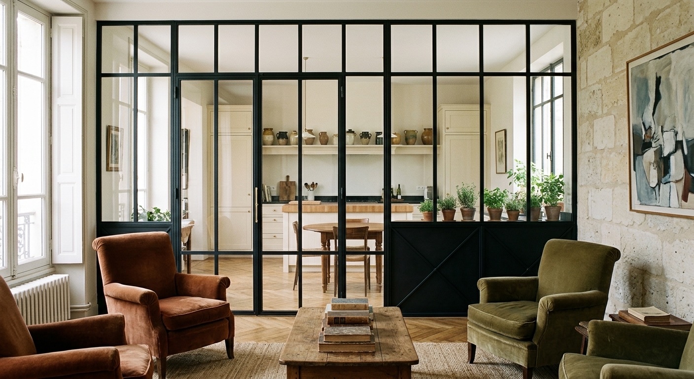 Verrière d'intérieur en acier noir séparant un salon d'une cuisine