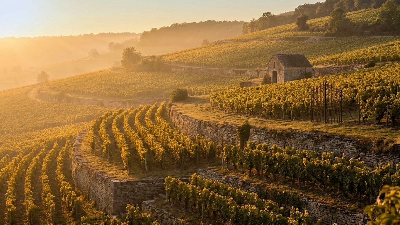 Vignes en coteaux au coucher du soleil